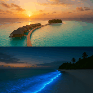 Overwater villa sunrise; night beach with glowing waves.