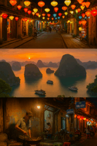 Hoi An lantern festival; Ha Long Bay from above; Hanoi street food vendor at night.